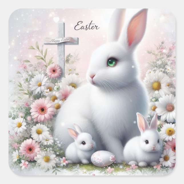 Easter Bunnies, Daisies and Cross Quadratischer Aufkleber (Vorderseite)