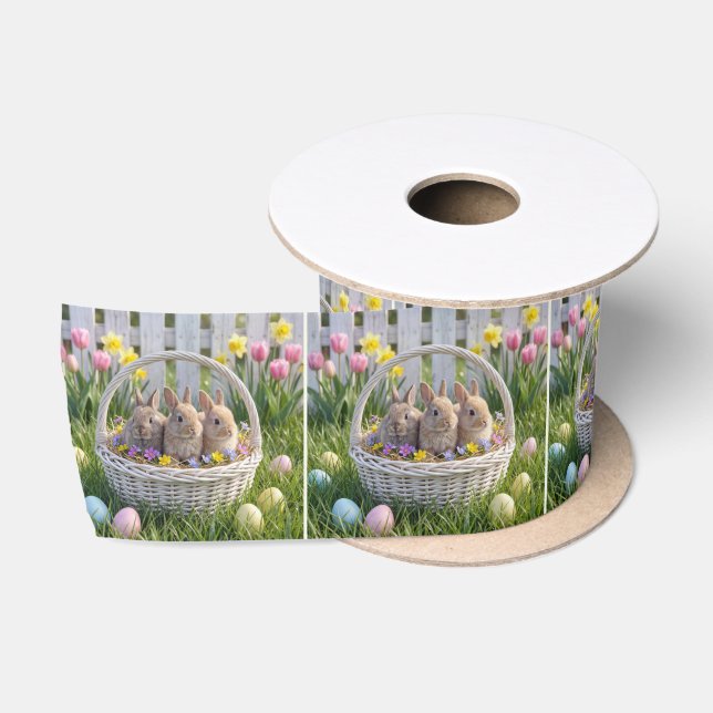 Easter Bunnies In a Wicker Basket on Grass Satinband (Spule)