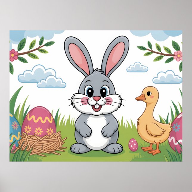 Easter Bunny and Duckling in Spring Meadow Poster (Vorne)