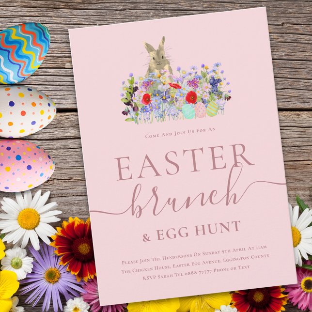 Easter Bunny and Wildflowers Egg Hunt and Brunch Einladung (Easter brunch and egg hunt cute bunny watercolor wildflower spring party pink invitation )