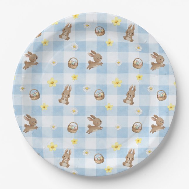 Easter Bunny Blue Gingham Pappteller (Vorderseite)