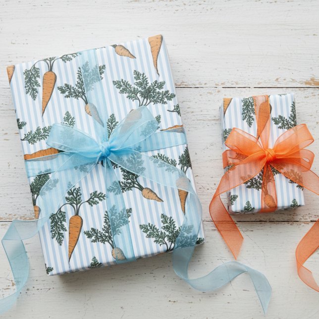 Easter Bunny Carrots & Blue Stripes Geschenkpapier (Cute Carrots & Green Leaves Vegetable Food Pattern Wrapping Paper for Easter and Vegan Themed Party)