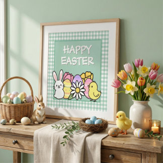 Easter Bunny Chick Eggs Green Gingham Fotodruck