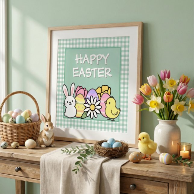 Easter Bunny Chick Eggs Green Gingham Fotodruck (Von Creator hochgeladen)