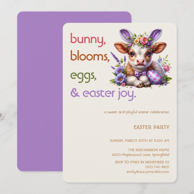 Easter Bunny Cow Invitation | Kid easter party (Devant / Derrière)