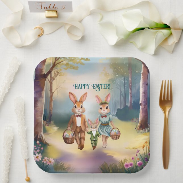 Easter Bunny Family Chasing Eggs - Painting Pappteller (Hochzeit)