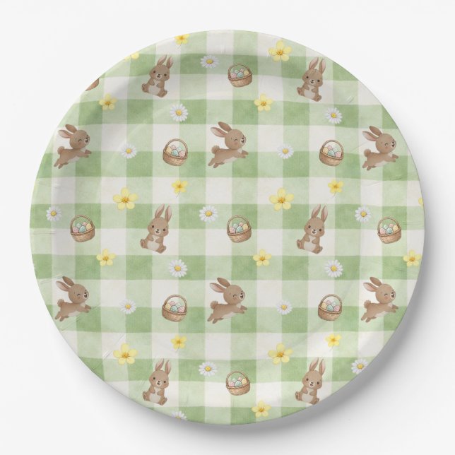 Easter Bunny Green Gingham Pappteller (Vorderseite)
