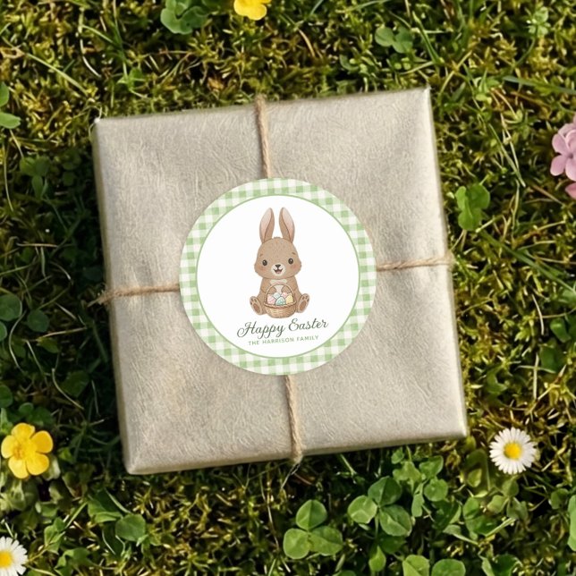 Easter Bunny Green Watercolor Gingham Runder Aufkleber (Von Creator hochgeladen)
