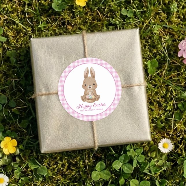Easter Bunny Pink Watercolor Gingham Runder Aufkleber (Von Creator hochgeladen)