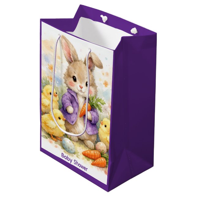 Easter Bunny Purple Jacket Baby Shower Mittlere Geschenktüte (Vorderseite Schrägansicht)