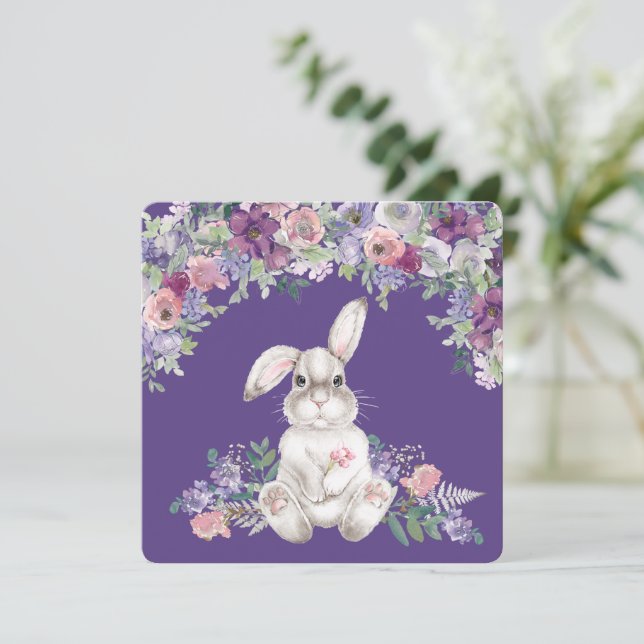Easter Bunny Rabbit Sitting In Flowers Card  (Stehend Vorderseite)