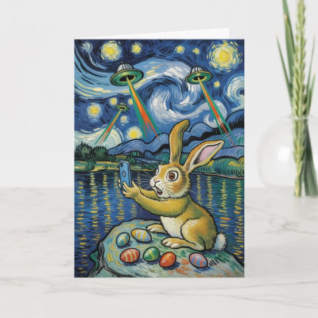 Easter Bunny UFO Selfie Starry Night Card Karte (Vorderseite)