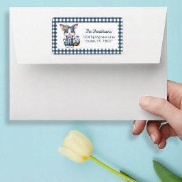 Easter Bunny with Basket of Eggs on Blue Gingham Adressaufkleber