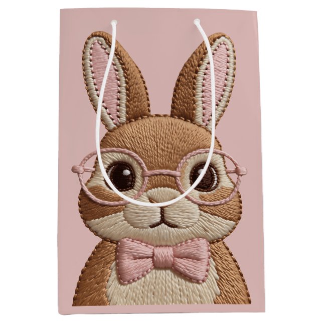 Easter Bunny with Glasses & Bow – Embroidered Look Mittlere Geschenktüte (Vorderseite)