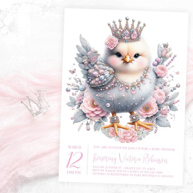 Easter Chick Baby Dusche Einladung (Precious newborn chick with jewels and crown on a pink floral background. )