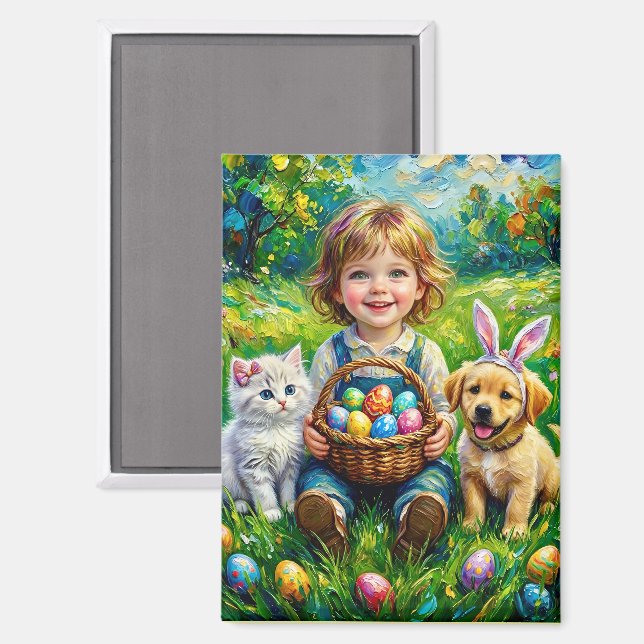 ~ EASTER Child Puppy Kitten Eggs ~  Magnet (Vorderseite/Rückseite)