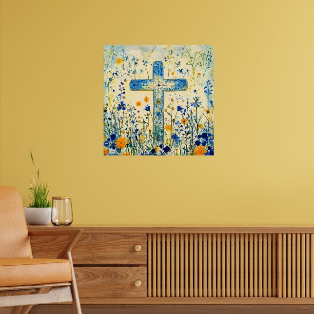 Easter cross by field of flowers poster (Wohnzimmer 2)