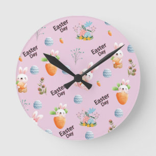 Easter Day Rabbits Pattern Runde Wanduhr