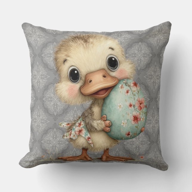 Easter Duckling Gray Damask Pattern Throw Pillow Kissen (Vorderseite)