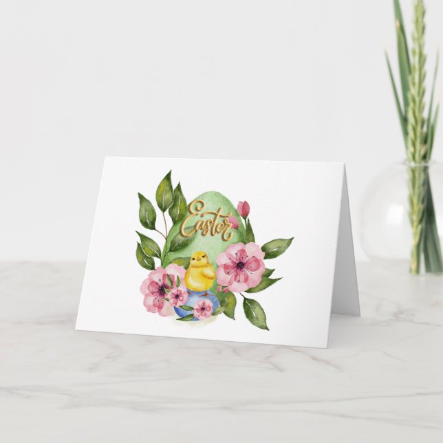Easter Egg, Baby Chick, Pink Spring Flowers  Karte (Vorderseite)