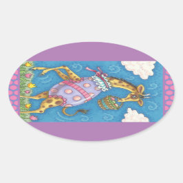 EASTER EGG GIRAFFE & TULIPS, FRÜHSTÜCK Niedlich Ovaler Aufkleber