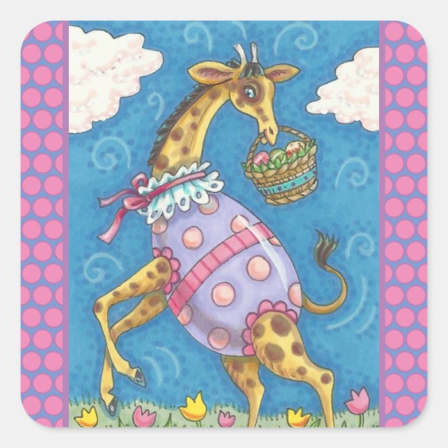 EASTER EGG GIRAFFE & TULIPS, FRÜHSTÜCK Niedlich Quadratischer Aufkleber (Vorderseite)