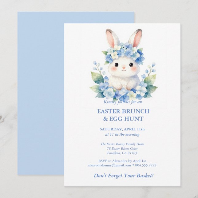 Easter Egg Hunt Cute Bunny Watercolor Hydrangea Einladung (Vorne/Hinten)