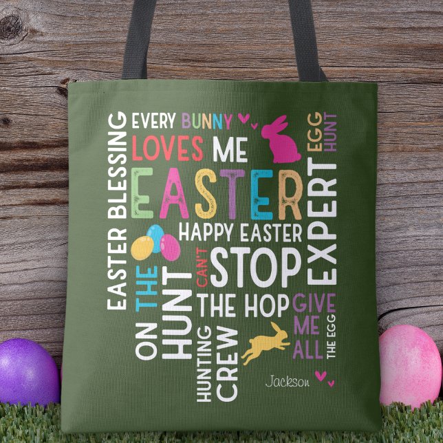 Easter Egg Hunt Word Cloud w Kid Name Year Green Tasche (Von Creator hochgeladen)