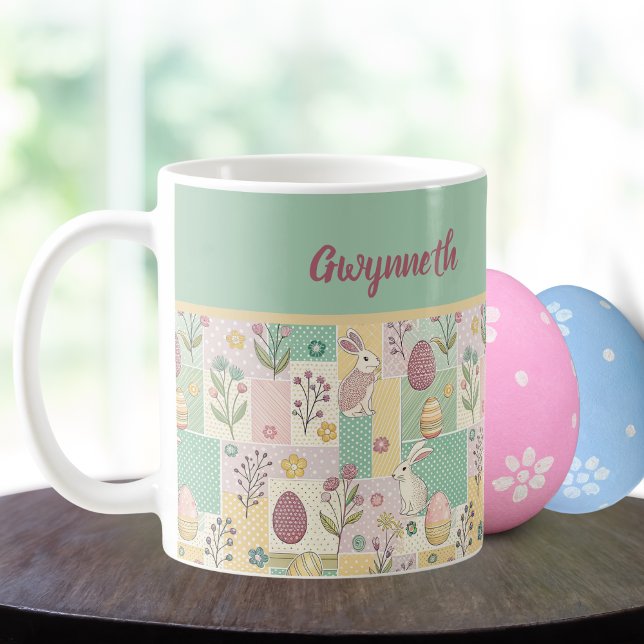 Easter Patchwork Pastel Bunnies Eggs and Gingham Kaffeetasse (Von Creator hochgeladen)