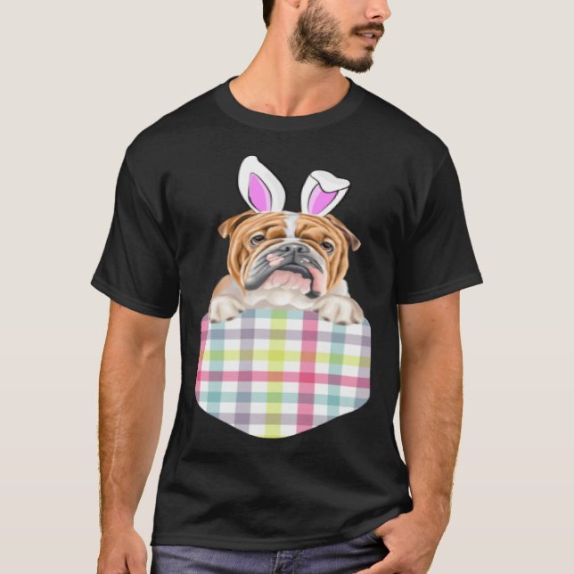 Easter Plaid Bulldog Bunny Dog In Pocket T-Shirt (Vorderseite)