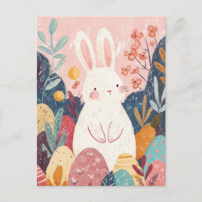 Easter Postcard with Flowers and Easter Bunny Postkarte (Vorderseite)