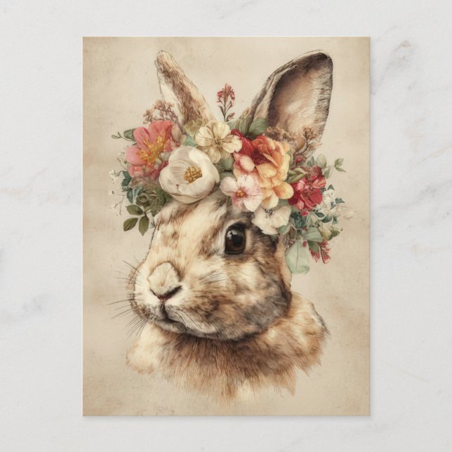 Easter Postcard with Flowers and Easter Bunny Postkarte (Vorderseite)