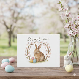 Easter Rabbit and Cherry Blossom Wreath  Postkarte