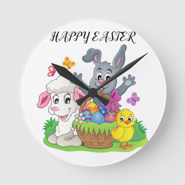 Easter rabbit, lamb & chick Acrylic clock. Runde Wanduhr (Vorderseite)