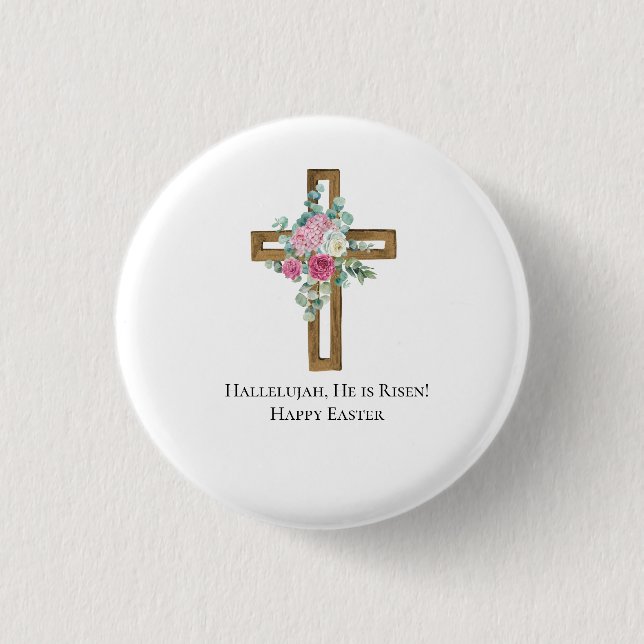 Easter Religious He is Risen Wood Cross Floral Button (Vorderseite)