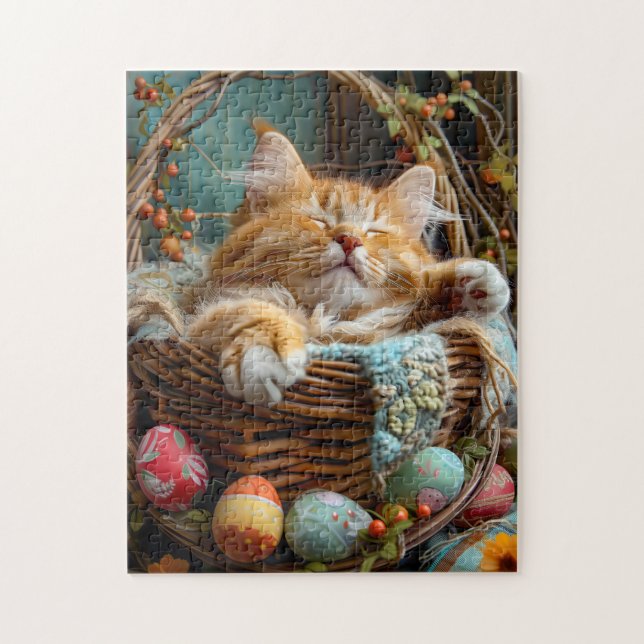 Easter Season Cute Cat Sleeping in Wicker Basket (Vertikal)