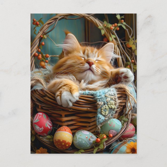 Easter Season Cute Cat Sleeping in Wicker Basket Postkarte (Vorderseite)