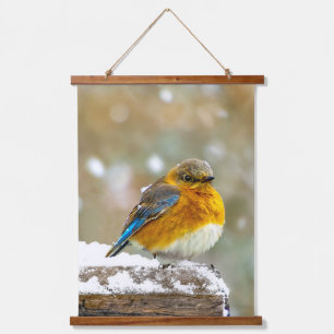 Eastern Bluebird in Snow - Original Foto Wandteppich Mit Holzrahmen