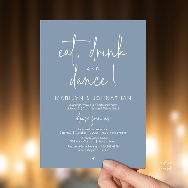 Eat, Drink and Dance, Modern Wedding Reception Einladung (Eat, Drink and Dance, Modern Wedding Reception Dinner Party Invitation Card in dusty blue)