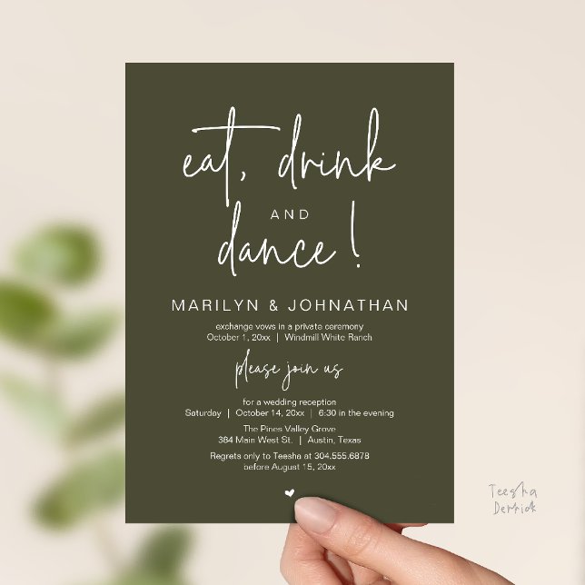 Eat, Drink and Dance, Modern Wedding Reception Einladung (Eat, Drink and Dance, Modern Wedding Reception Dinner Party Invitation Card in olive green)