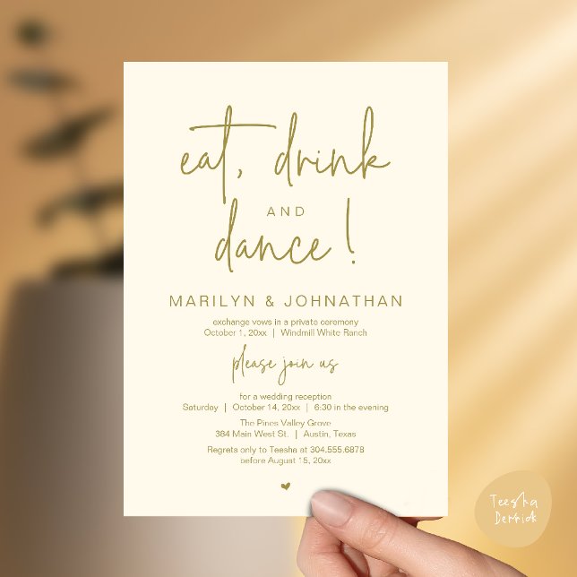 Eat, Drink and Dance, Modern Wedding Reception Einladung (Eat, Drink and Dance, Modern Wedding Reception Dinner Party Invitation Card in yellow gold)