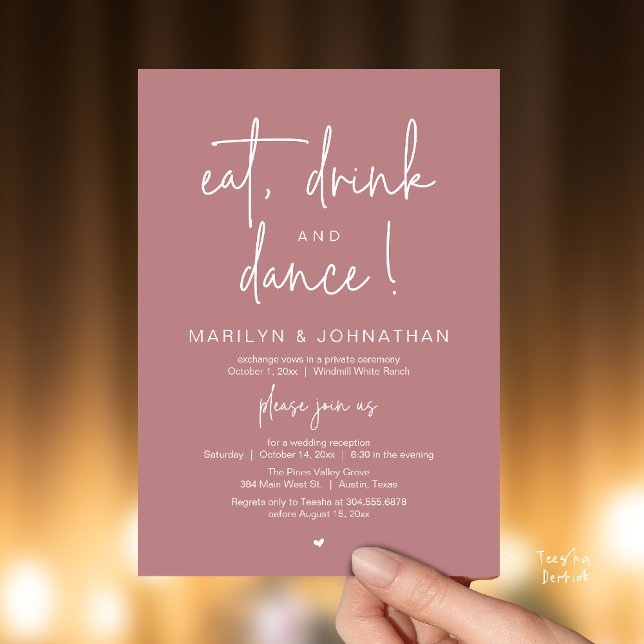 Eat, Drink and Dance, Modern Wedding Reception Einladung (Eat, Drink and Dance, Modern Wedding Reception Dinner Party Invitation Card in dusty rose pink)
