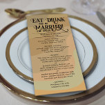 Eat Drink & Be Married Tan Retro Swirls Wedding Menükarte<br><div class="desc">This cute menu will add some fun and style to your wedding reception. It features a retro swirls design in neutral earthtone shades of tan, taupe, and sage green. The word art title reads: Eat Drink and be Married! There is space for the names of the couple and wedding date,...</div>