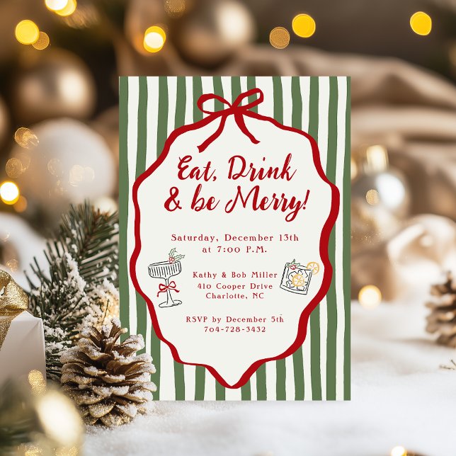 Eat Drink & Be Merry Christmas Party Bow Einladung (Von Creator hochgeladen)