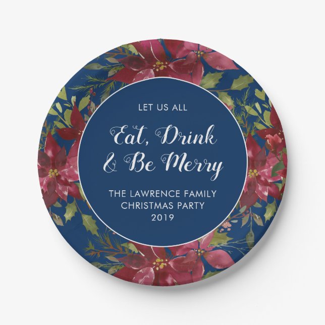 Eat Drink Be Merry Navy Blumenweihnachtsfest Party Pappteller (Vorderseite)
