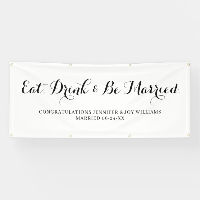 Eat Drink Be Verheiratet moderne Black Script Hoch Banner (Horizontal)