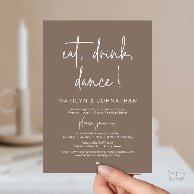 Eat, Drink, Dance, Wedding Elopement Dinner Party  Einladung (Eat, Drink, Dance, Wedding Elopement Dinner Party Invitation Card in Warm Taupe Brown)