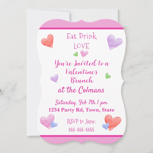 EAT DRINK LOVE Valentines Watercolor Hearts Einladung (Vorderseite)