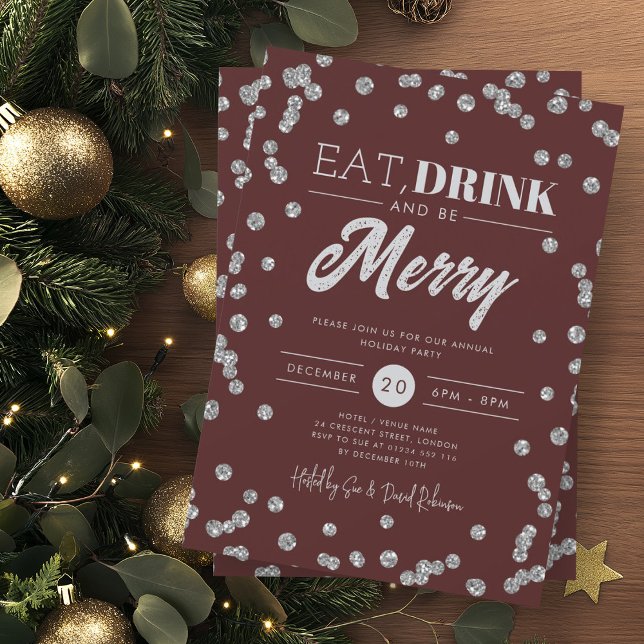Eat Drink Merry Silver Burgundy Glitzer Holiday Einladung (Von Creator hochgeladen)