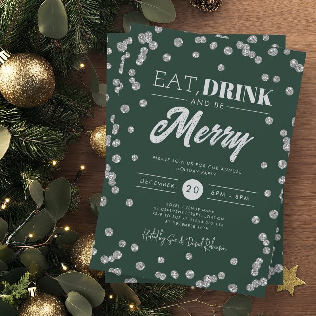 Eat Drink Merry Silver Green Glitzer Holiday Einladung (Von Creator hochgeladen)